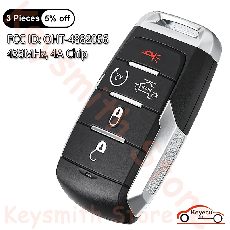 

KEYECU 5 Buttons 433MHz 4A Chip for RAM 1500 2500 3500 2025 2026 Auto Smart Remote Key Fob FCC ID: OHT-4882056 68523814 68584155