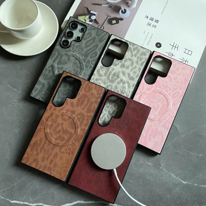 Luxury Business Magnetic Leather Phone Case for Samsung Galaxy S25 S24 S23 S22 Ultra Plus FE Leopard Floral Shockproof PU Cover