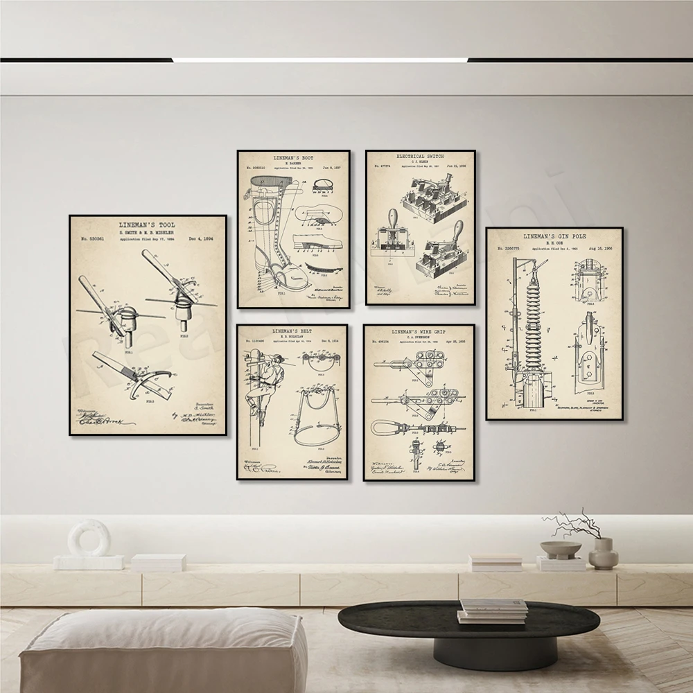 Vintage Lineman Patent Print, Lineman Wall Art Decor. Powerline Lineworker Electrician Lineworker Gift Poster