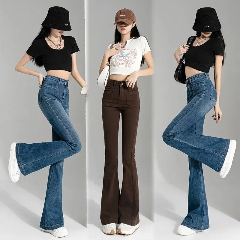 Vintage High Waist Flare Jeans Women 2YK Solid High Street Slim Fit Denim Pants Blue Brown Stretch Flare Casual bottoms trousers