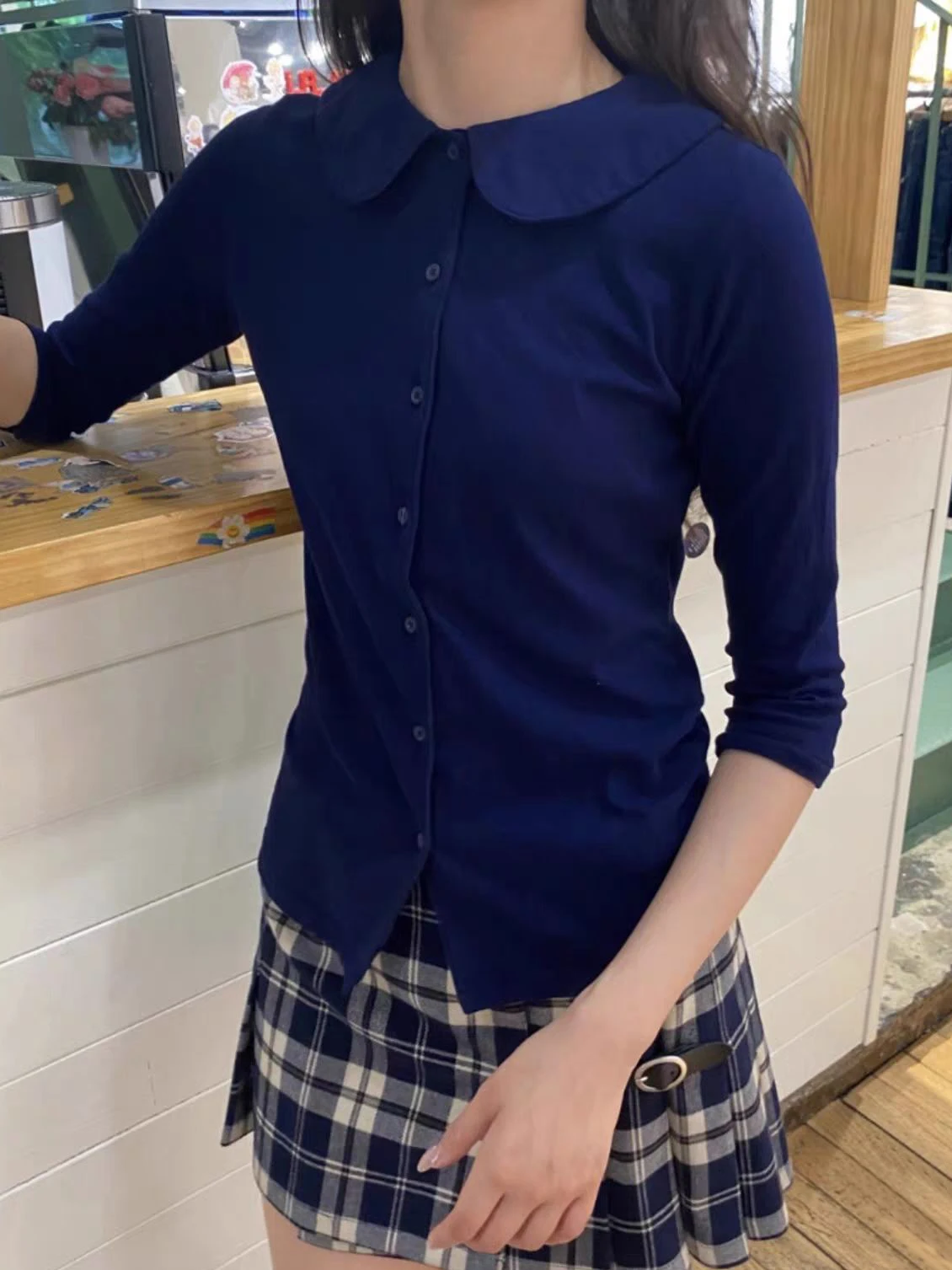 

Navy Half Sleeve Slim T-shirt Autumn Peter pan Collar Single Breasted Cotton Tshirt Female Sweet Cute Preppy Style Woman's tee