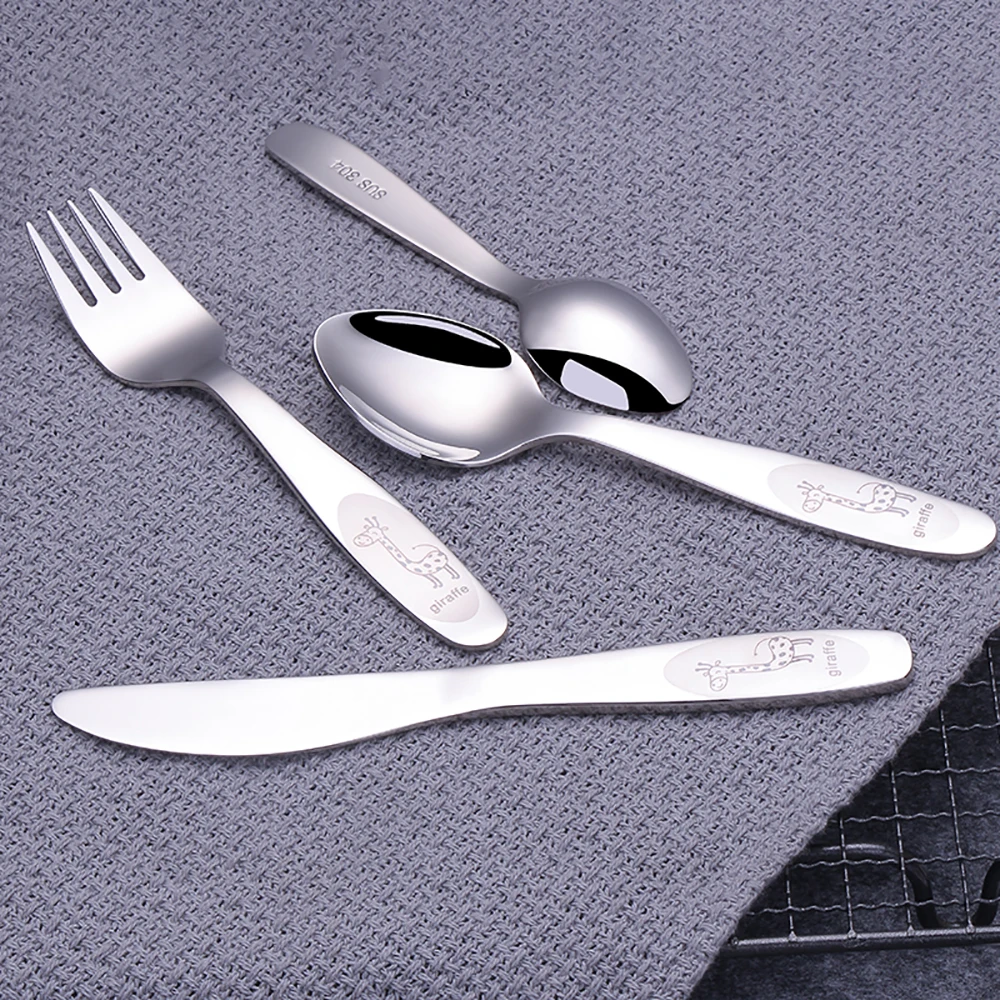 Children's Cutlery Tableware Stainless Steel Cartoon Giraffe Child Fork Knife Spoon Kids 4pcs Dinnerware Sets For Home Kitchen