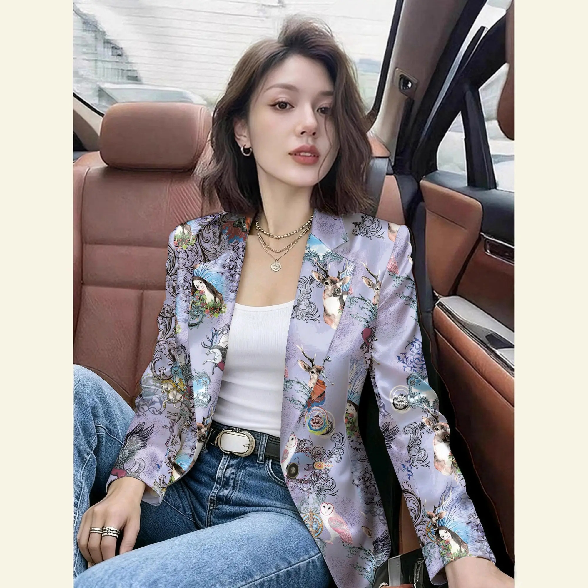 Spring Temperament Fashion Printed Blazer Europe America Niche Casual All Match Blazer Women Slim Fit Women Blazers and Jackets