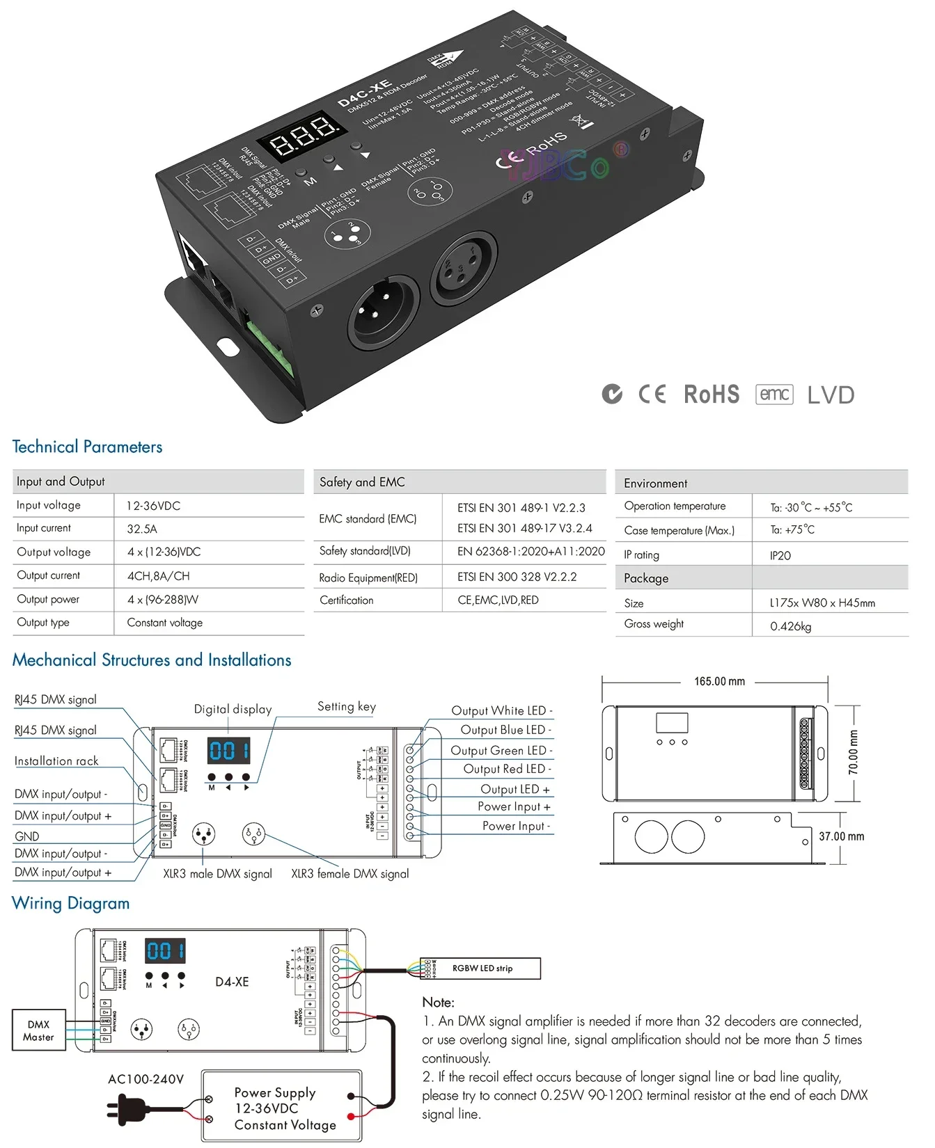 Skydance D4-XE 4 Channel Constant Voltage DMX512 & RDM Decoder Tuya 12V-36V 24V 8A/CH for Single color RGB RGBW LED strip