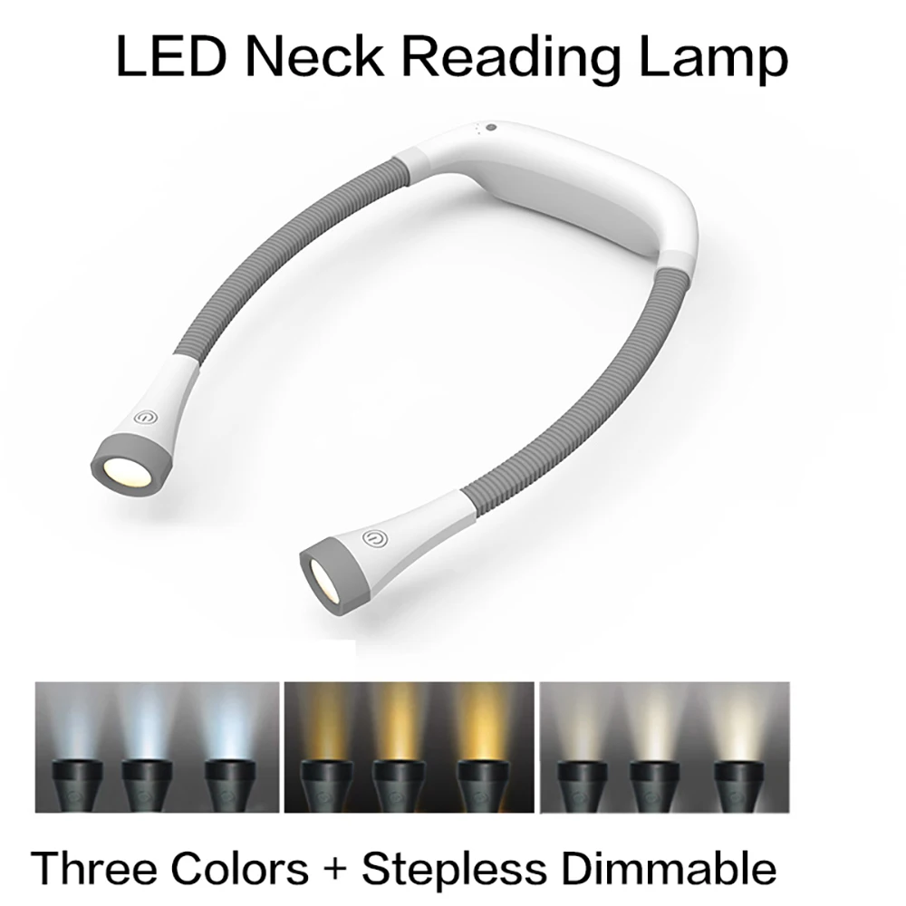 Portable Bendable Arms 3 Colors Brightness Dimmable 2000mA Battery USB Rechargeable LED Neck Book Reading Lamp Light