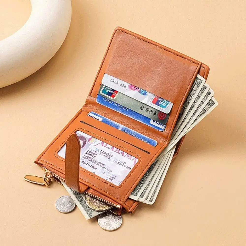 Portable PU Leather Women's Purse Solid Color Large Capacity Leather Purse Folding Design Pull-out Design Short Wallet for Women
