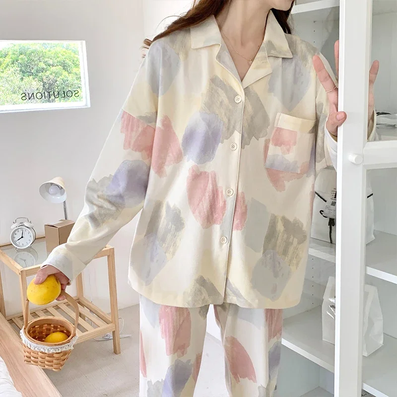 Painted Pajama Sets Women Loose Sweet Exquisite Temperament Pocket Spring Comfortable Long Sleeve Lounge Sleepwear Versatile