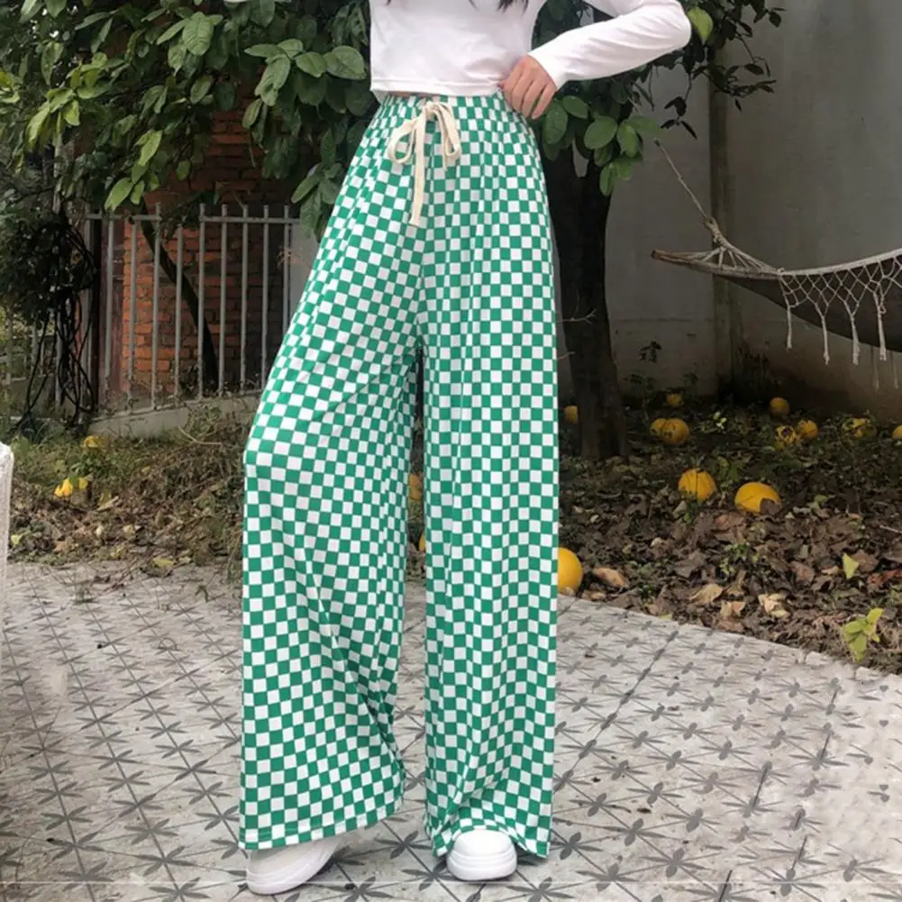 

High Waist Elastic Long Pants Drawstring Women Pants Plaid Print Thin Casual Oversized Straight Wide Leg Pants Female Clothing