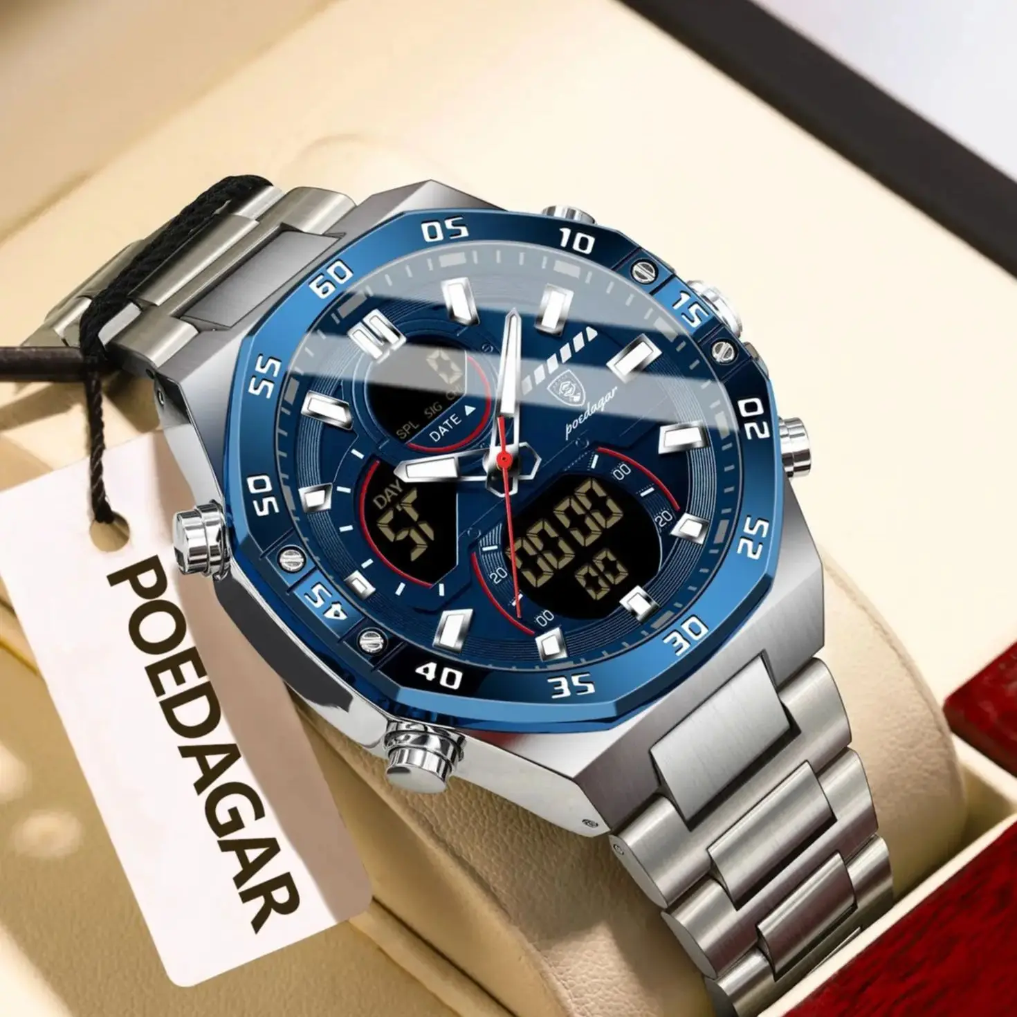 POEDAGAR Top Man Watch LED Luminous Waterproof Week Date Alarm Men Clock Stainless Steel Quartz Stylish Electronic Men's Watches