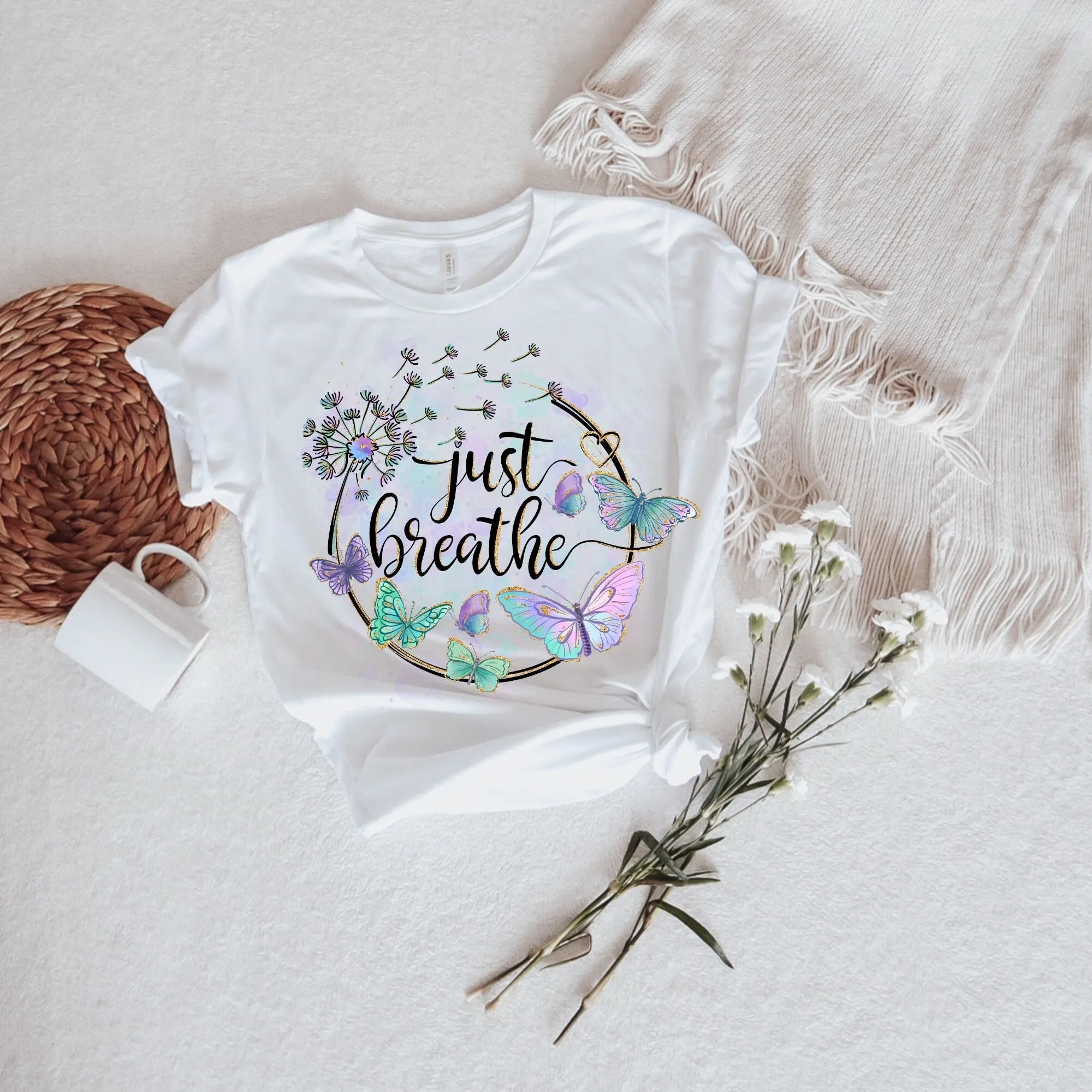 Just Breathe T Shirt Flower Positive Hope Motivational Brunch Meditation Cute