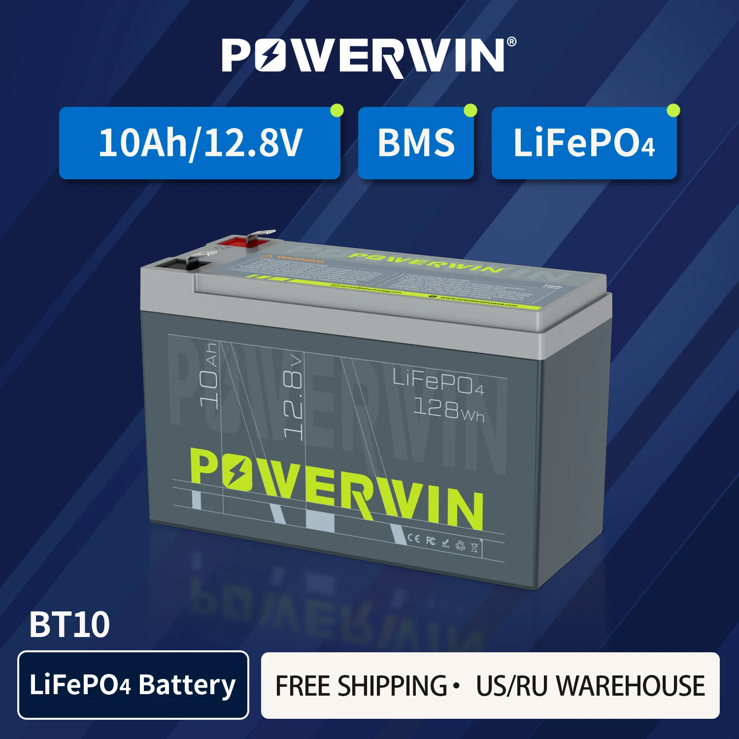 

POWERWIN BT10 LiFePO4 Battery 12V 10Ah Rechargeable Electric Toy RV Camera off-grid Built-in BMS 4000+ Deep Cycle Solar