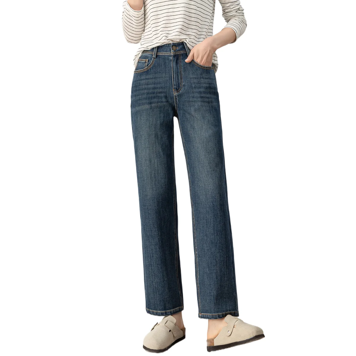 

Women's Casual Trendy Loose Straight Elastic Solid Color Jenas Pants Female New Fashion High Wasit Denim Trousers Female Clothes
