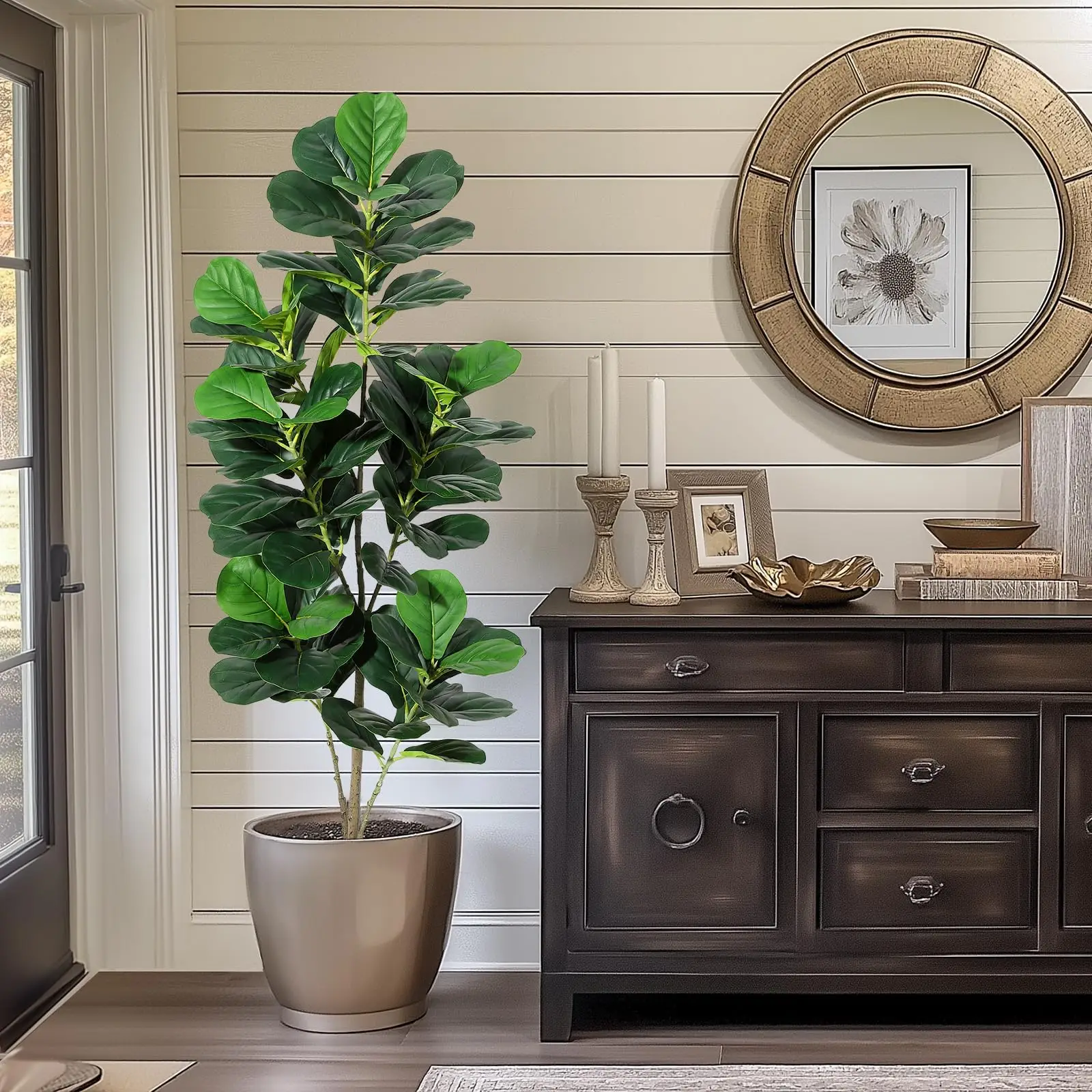 Albero artificiale realistico di ficus lyrata (ficus lyra) – Albero decorativo artificiale a più tronchi in vaso – Per decorazioni di casa e ufficio – Da interno/esterno – Disponibile in 4 ft (circa