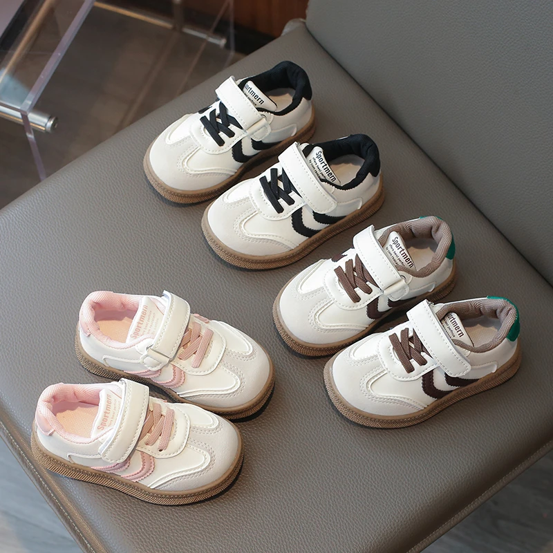 Children's Flat Casual Shoes Students Shallow Stripes Girls Sneakers Leather Kids Shoes for Boys Patchwork Footwear Sneakers