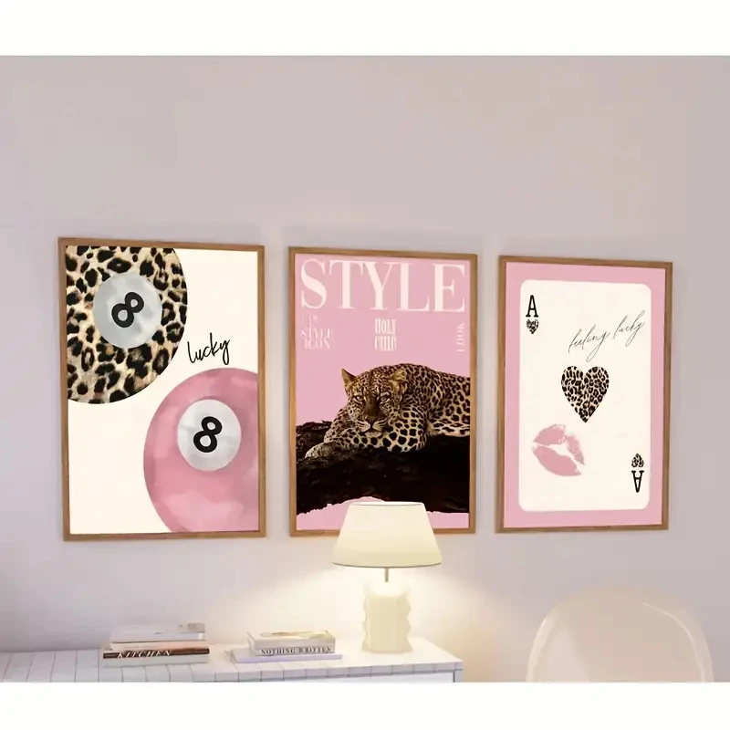 3pcs/Set Modern Art Leopard Print Playing Card Design Pink-style Wall Decoration, Modern Bedroom and Living Room Home Decoration