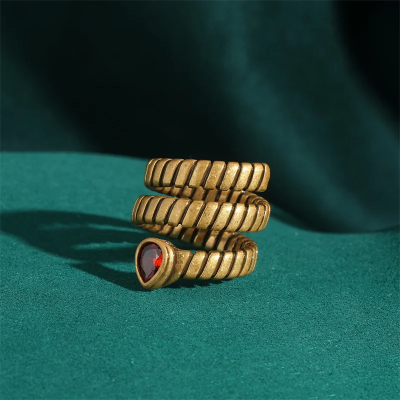 Retro Red Crystal Spiral Snake Bone Ring for Women