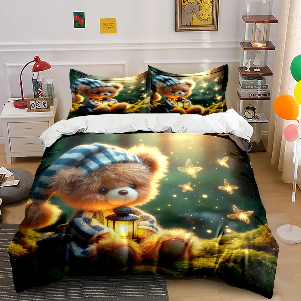 Cozy teddy bear in glowing forest Printed Duvet Cover Set1 Duvet Cover+2 PillowcaseMulti Size Bedroom Bedding Decor