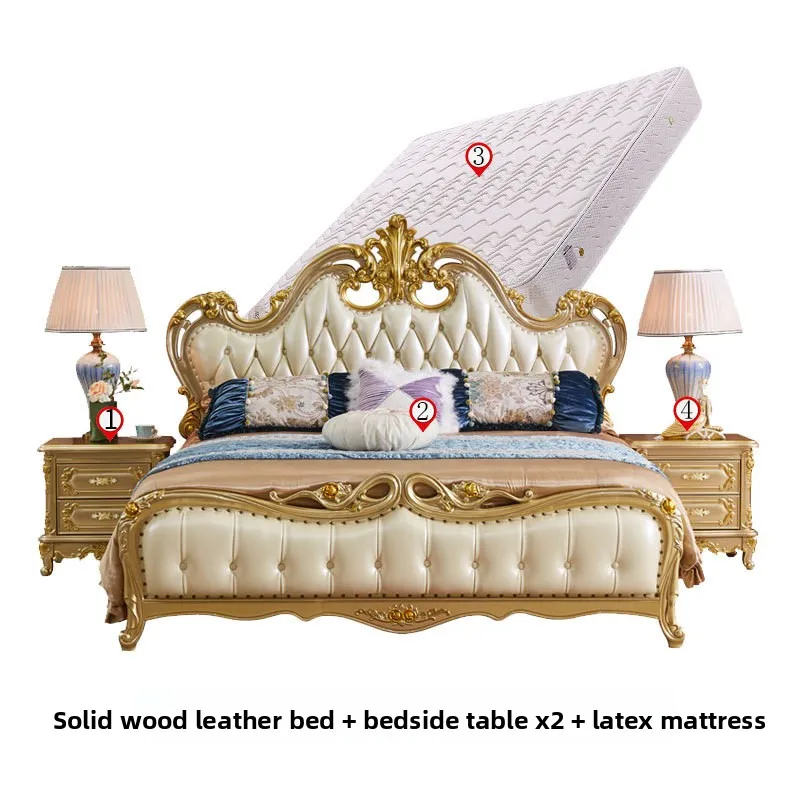 European classical solid wood carving flower leather bedroom furniture 1.8 meters double bed master bedroom luxury wedding 3
