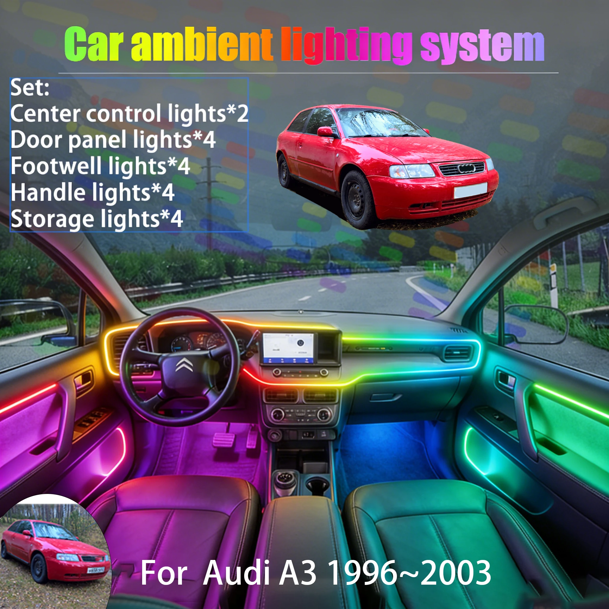 

For Audi A3 1996~2003 8L MK1 2/18 in 1 Car ambient lighting Led trunk interior led lights USB RGB Ensemble Streamer Auto Part
