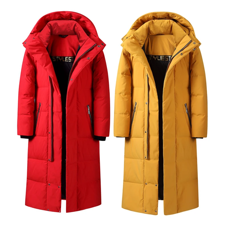 BJCJWF Winter Solid Long 90 White Duck Down Jacket for Women and Men Casual Thicken Warm Hooded Puff Jacket Zipper Down Coats