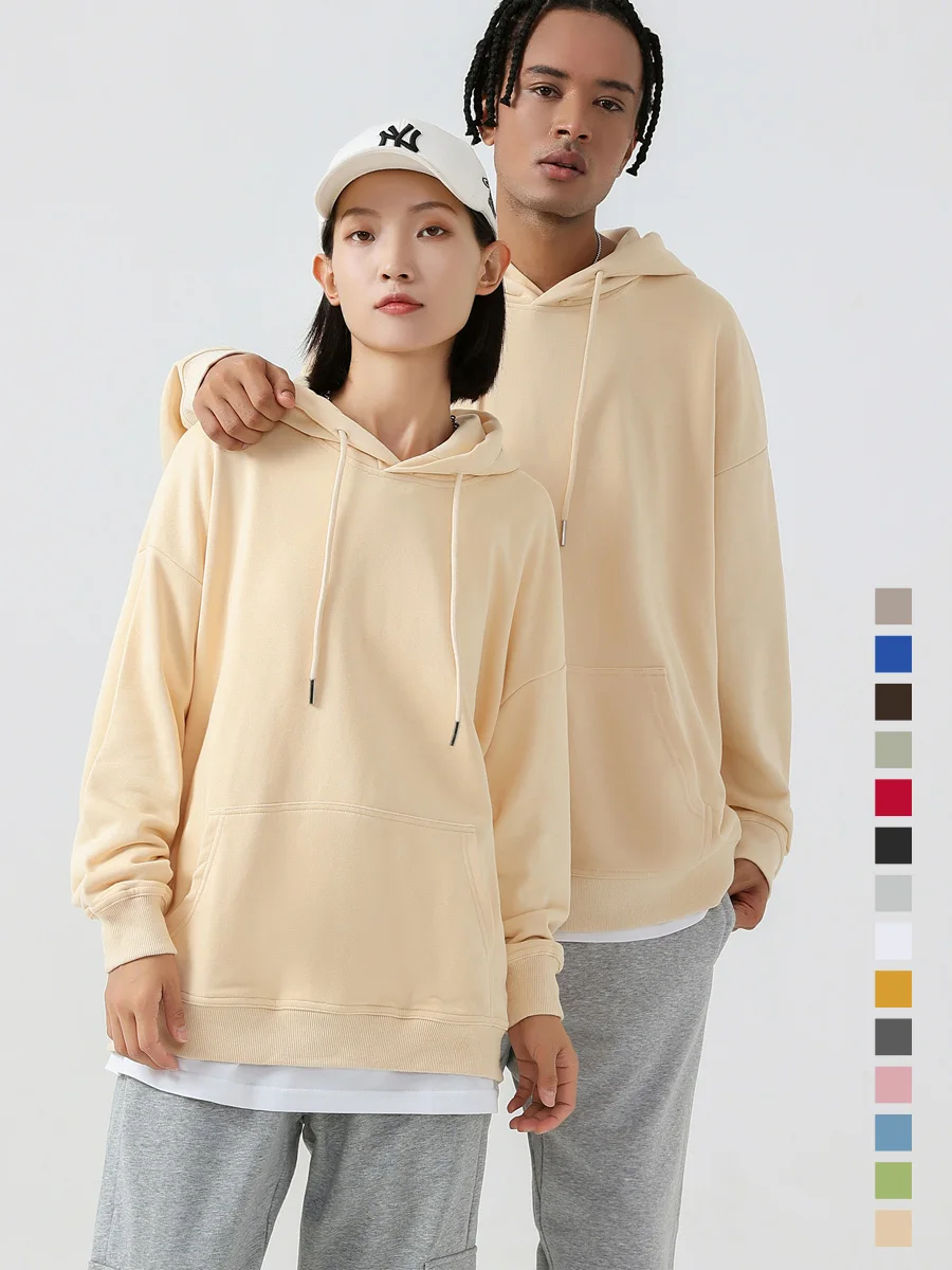 Mens Drop-Shoulder Hoodie Sweatshirt 350g 100% Cotton Thicken Solid Basic Unisex Casual Women Essential Pullovers Jogger Tops