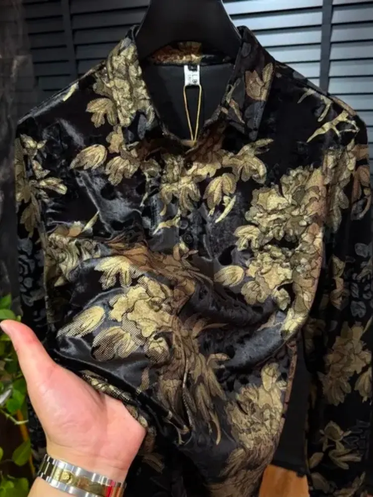 Camicia da uomo con colletto rovesciato a maniche lunghe stampata in velluto autunno inverno Camicia da uomo elegante di alta qualità di tendenza della moda