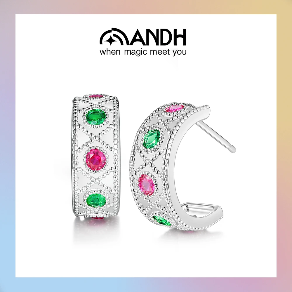 

ANDH Bohemian Style Hoop Earrings for Women Colorful Lab Gemstones Retro Filigree Design Fine Jewelry Gift Customize Wholesale
