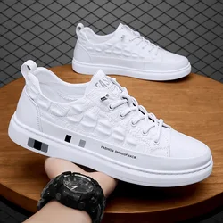 Zapatos vulcanizados de cuero blanco para hombre, zapatillas informales transpirables para estudiantes, Tenis impermeables para adolescentes