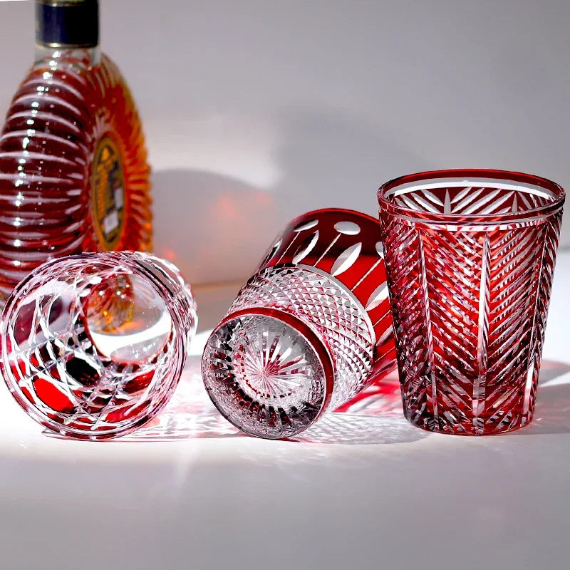 Red Handmade Highball Glass - Modern Cut Crystal Cocktail Tumbler - Art Glass for Whiskey, Iced Tea, Juice - 300ml