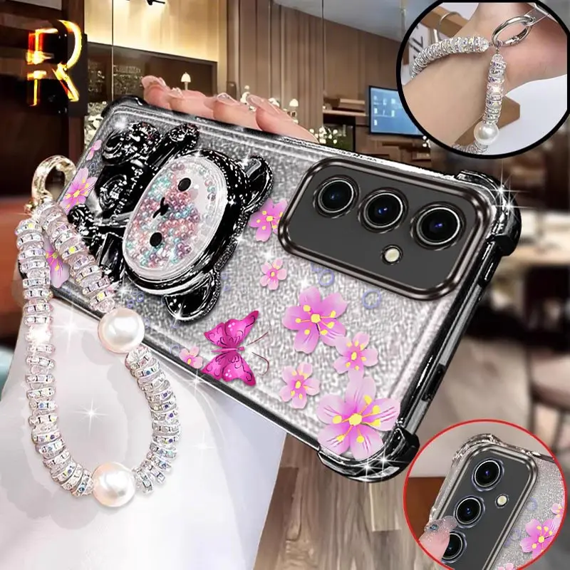 

S24 Pink butterfly prints Bracelet Holder Phone Case For Samsung S24FE S25Ultra S23Ultra S25 S23FE S23Plus S24 S24Ultra Cover