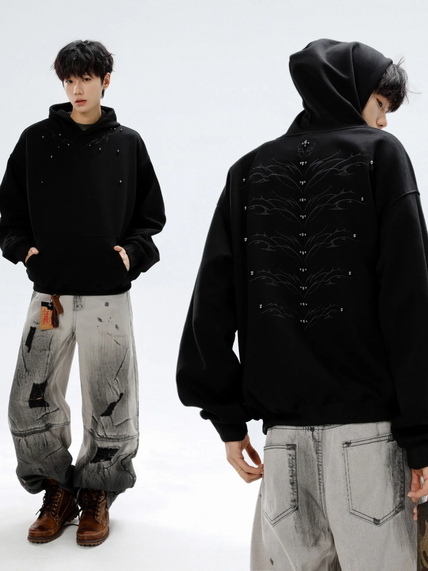 

Мужская толстовка свободного кроя в американском стиле с вышивкой, повседневная, удобная, осенне-зимняя, спортивная, свободная толстовка