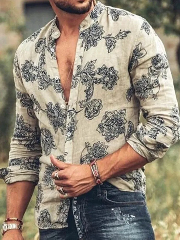 Men\'s Long Sleeve Shirt Casual Trend Fashion Floral Slim-fit Shirt For Men