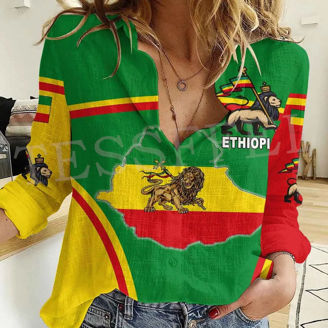 Africa County Ethiopia Eritrea Tigary Rasta Reggae Lion Tattoo Retro 3DPrint Button-Down Shirts Long Sleeve Women Casual Shirt A