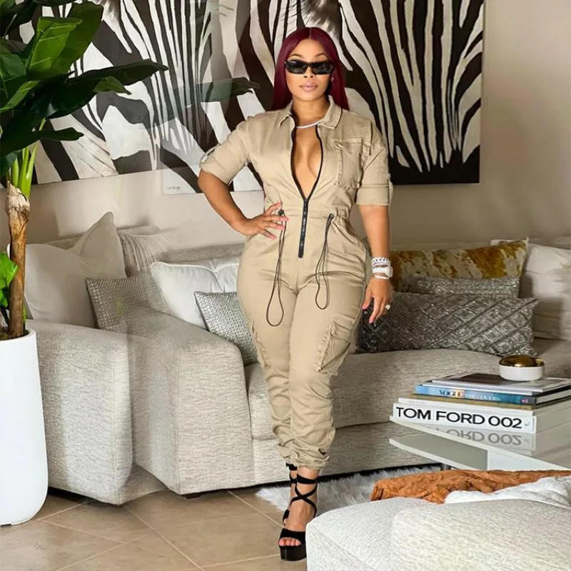 Trends Autumn Rompers Multiple Pockets Cargo Jumpsuits Club Outfits for Women Cardigans Slim Fitted Streetwear Bodysuit New