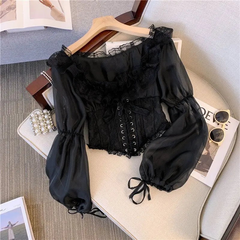 Blouse Women's Autumn French Courtly Style Mesh Puff Sleeves Shirt Fitted Tie-Front Undershirt Waist-Defining Lace New Casual