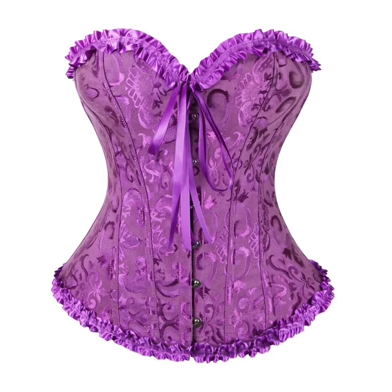 สีม่วงรัดตัว Bustier สําหรับผู้หญิง Plus ขนาด Overbust ดอกไม้ชุดชั้นในเซ็กซี่ Victorian Lace Vintage เครื่องแต่งกาย & J1