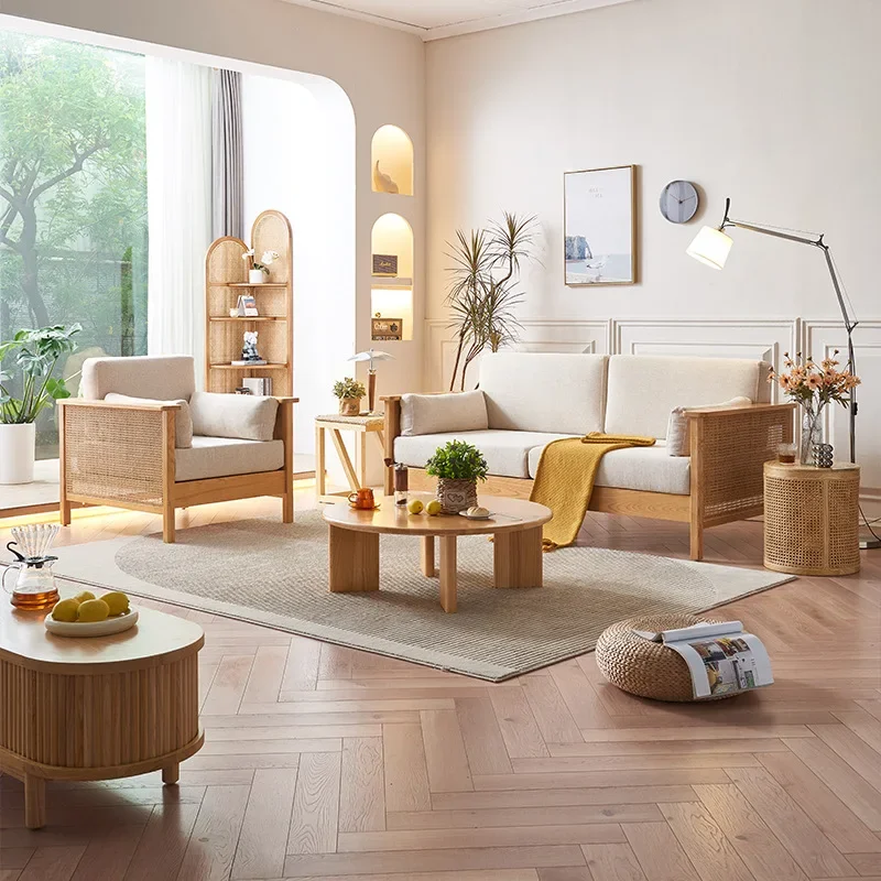 New Chinese solid wood sofa combination household living room simple rattan so fa small apartment bed