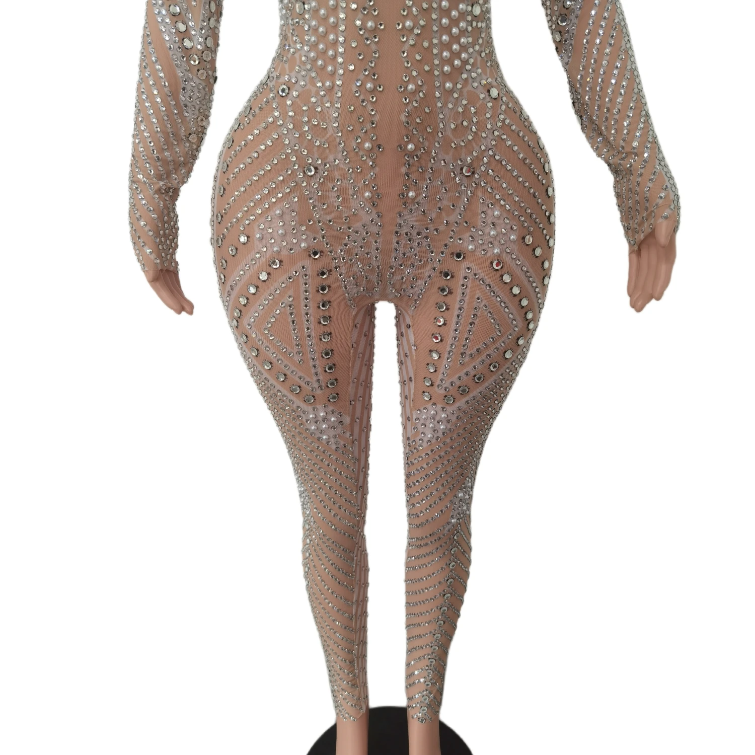 Designer de malha ver através de cristal bodycon macacão clube dança collant feminino strass bodysuits plus size macacões uma peça