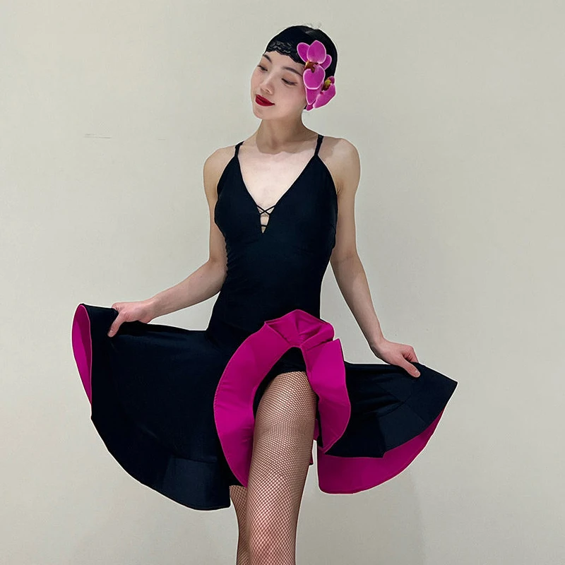 2026 Latin Dance Dress For Women Sexy Black Pink Fishbone Dress Adult Female Salsa Dress Samba Chacha Latin Dance Wear DQS23159