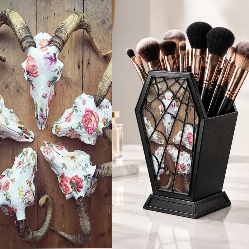 Gothic Coffin Shape Pen Holder Floral Skull Print Desktop Makeup Brush Storage Organizer Halloween Home Vanity Table Decor Stati
