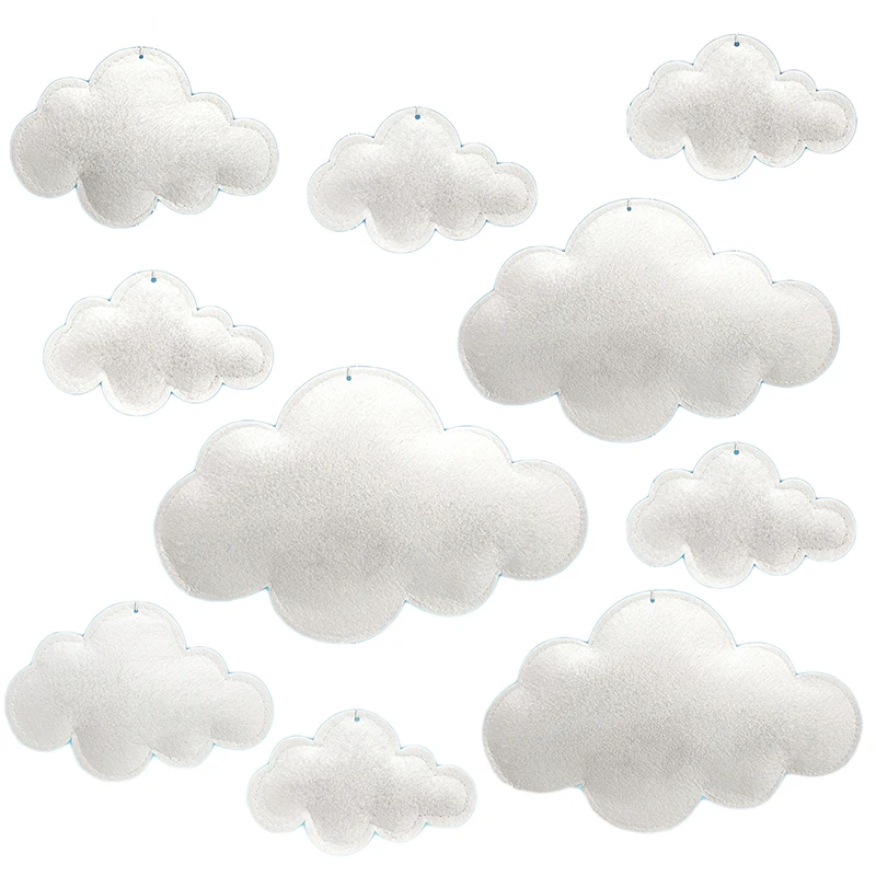 Juego de 10 decoraciones de nube colgantes, decoración de techo de nube de fieltro blanco para dormitorio y guardería