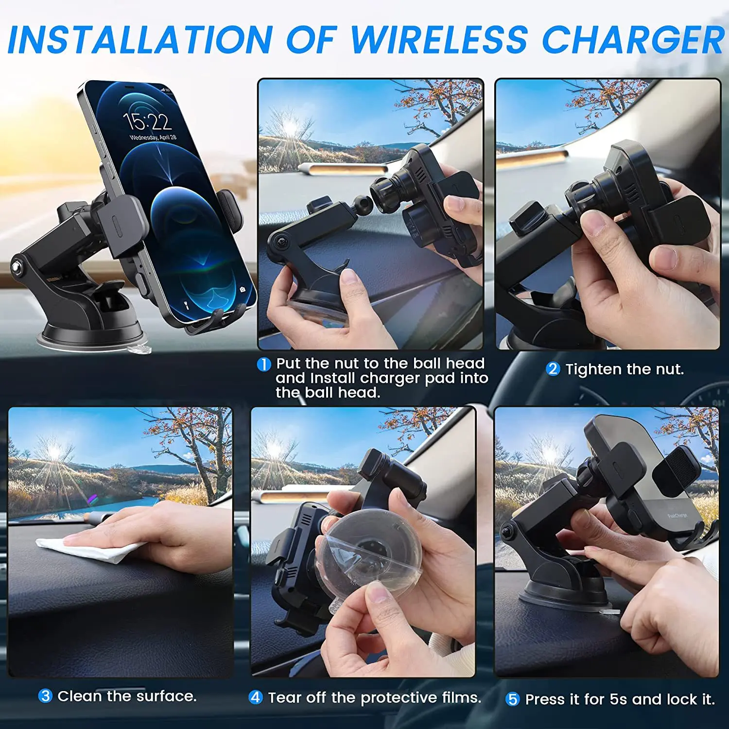 15W Fast charging Wireless Charging Bracket  Windshield Car Phone Holder Auto Clamp Intelligent Sensing For IPhone Samsung