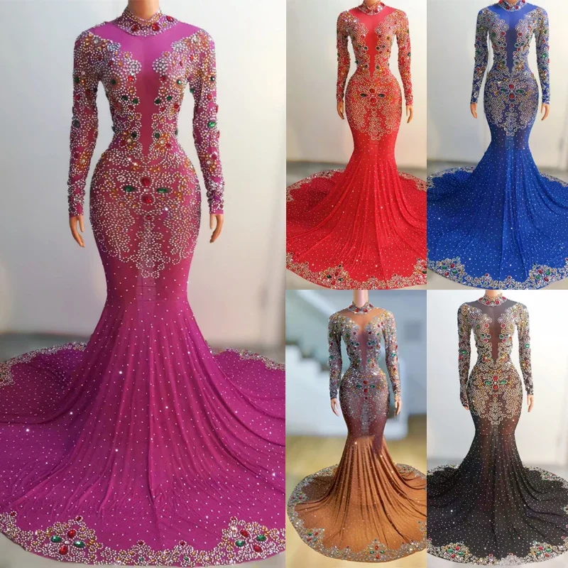 Robe à strass en cristal coloré, 5 couleurs, scintillante, Costumes de célébration d'anniversaire, robe de soirée pour femmes, robe de traînée sur scène, XS5424