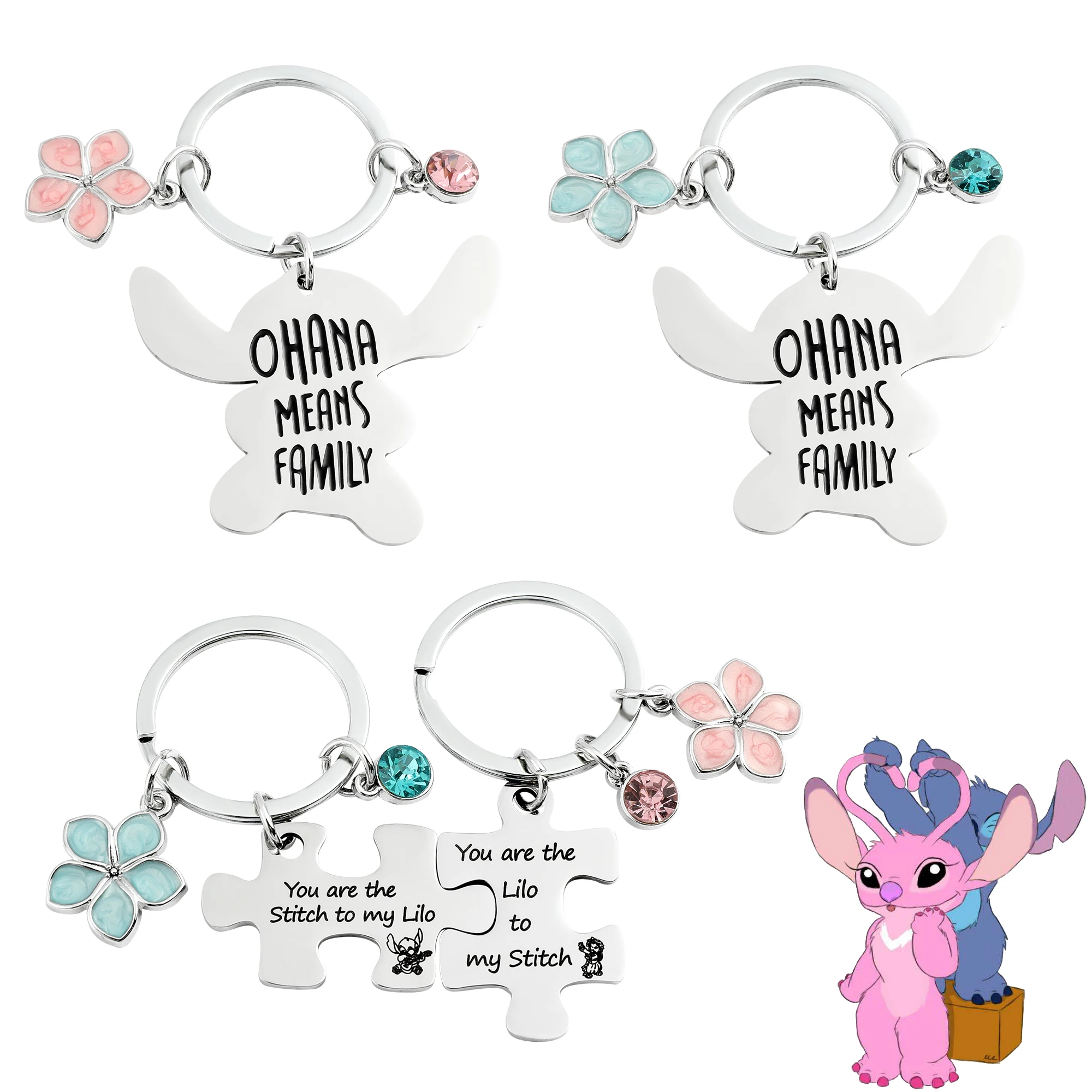 Llavero con diseño de Stitch Ohana Means Family, llavero para motocicleta, accesorios para niñas, llavero de dibujos animados de anime