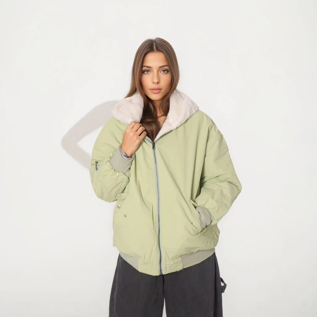 Cryptographic Autumn Winter Faux Fur Collar Solid Hooded Coats for Women Casual Zip Up Hoodies Coats & Jackets Warm Streetwear