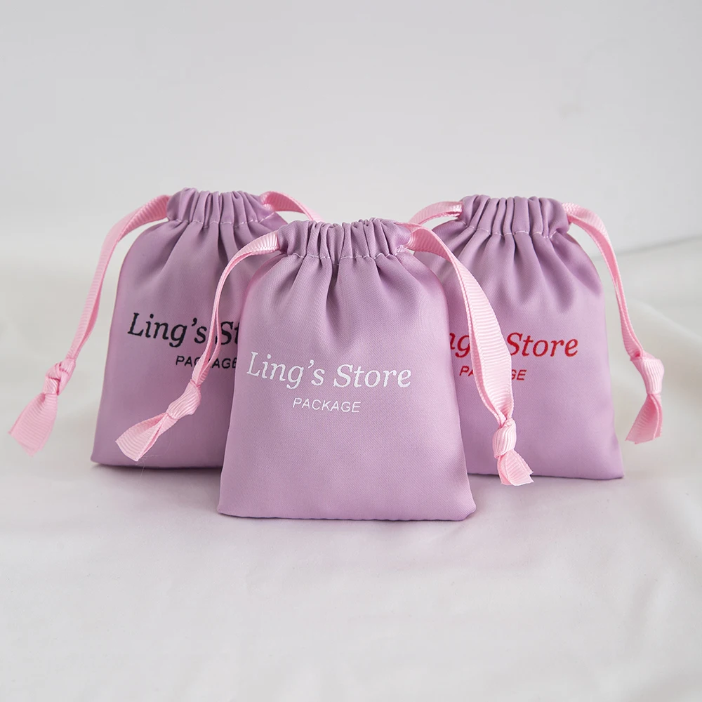 

50Pcs Personalized Logo Jewelry Drawstring Silk Bag 3x4inch 4x6inch Luxury Satin Pouch with Grosgrain Ribbon Jewellery Display