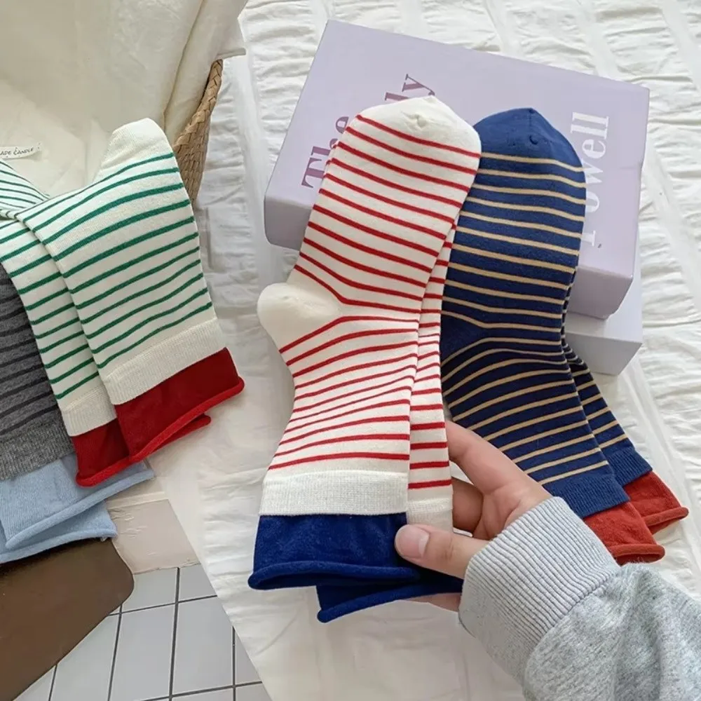 

Soft Colored Striped Women Socks Breathable Casual Winter Socks Preppy Style Comfort Cotton Middle Tube Socks Gift