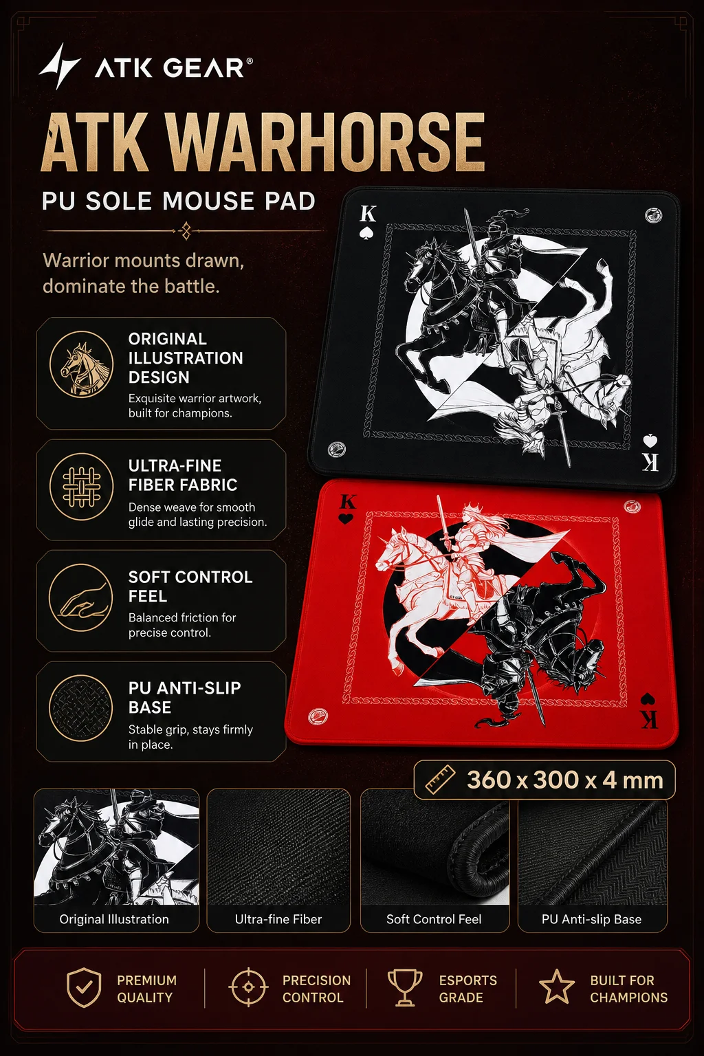 ATK Warhorse Esports Mousepad Red War Horse Large 4mm Thick Ultra-fine Fabric Soft PU Sole Control Surface For CS2 ValorantGamer