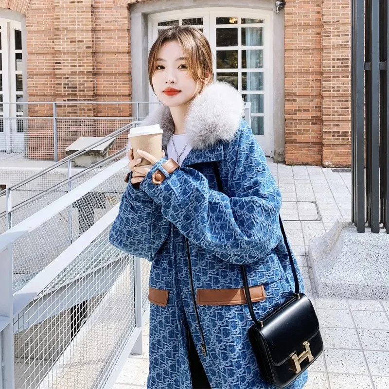 Denim Plush Cotton Coat For Women in Autumn Winter 2023 Korean High-end feeling Overcome by a Small Thickened Plush Collar Style