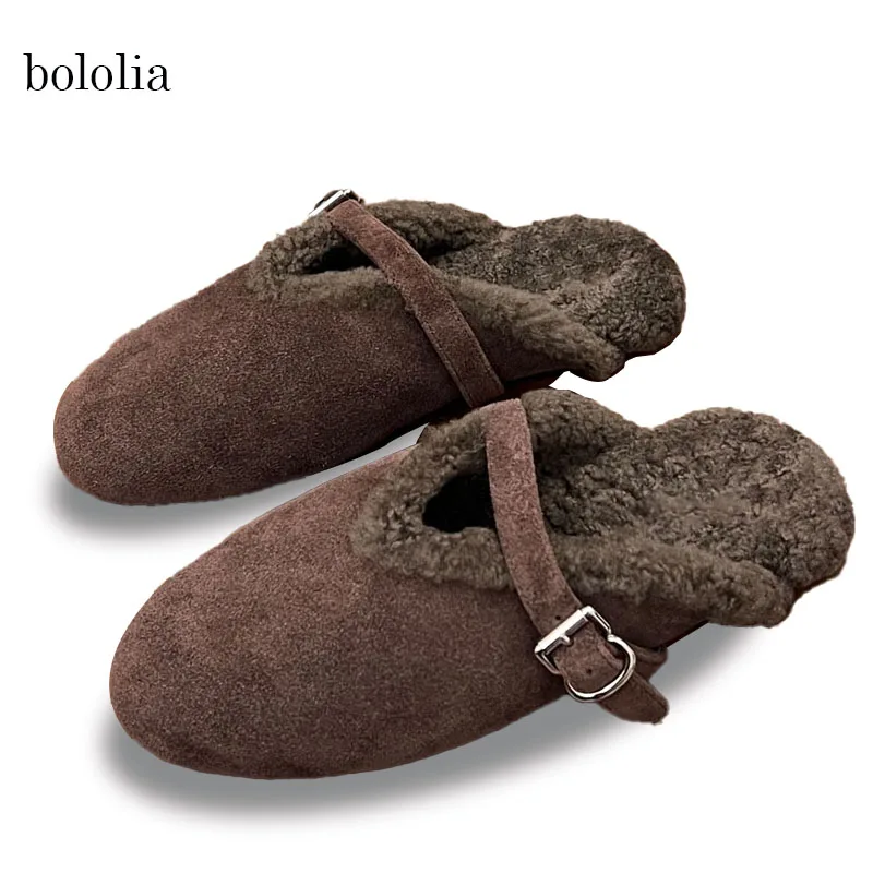 BOLOLIA New Wool Flat Slippers Women Round Toe Casual Mules Shoes Buckle Slides Female Fashion Comfort Half Slippers Woman